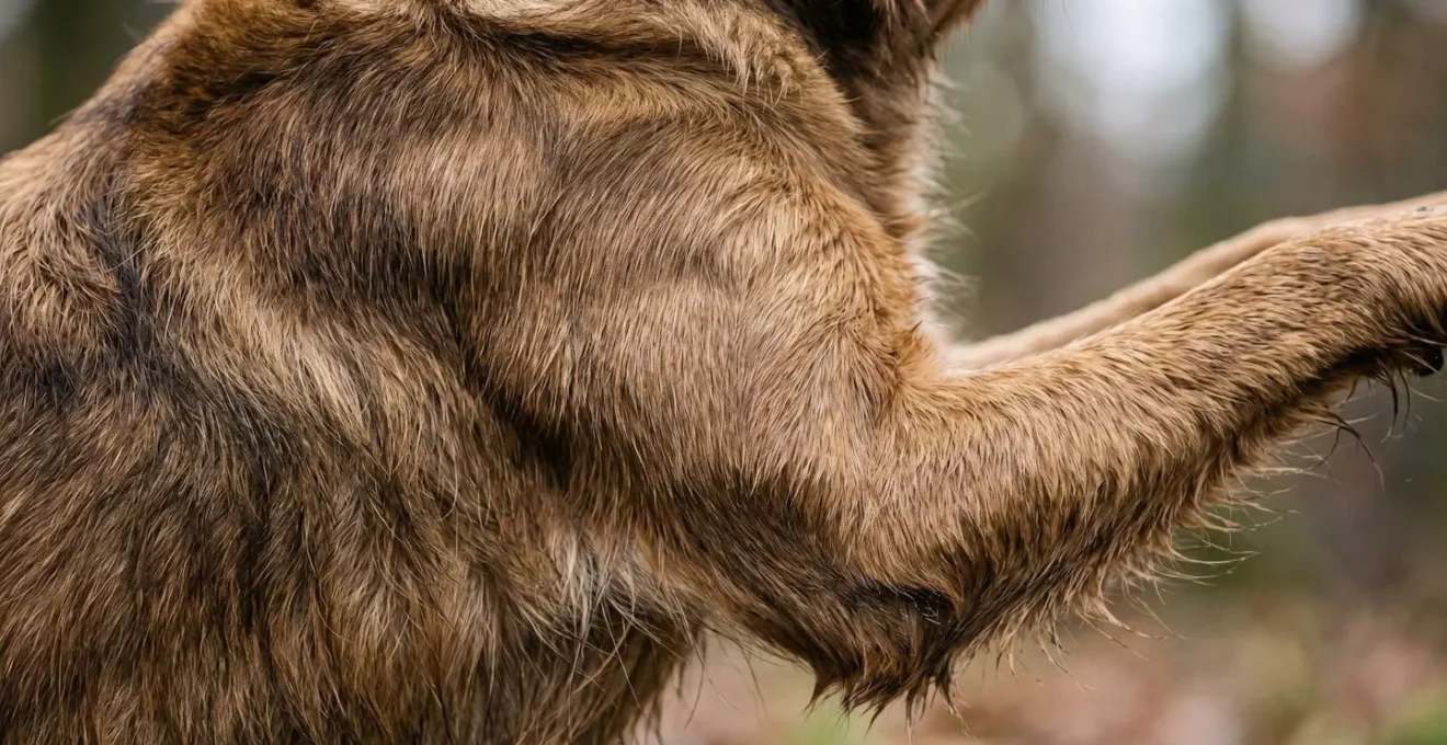Extreme close-up of dog shoulder joint showing muscle and tendon alignment during movement