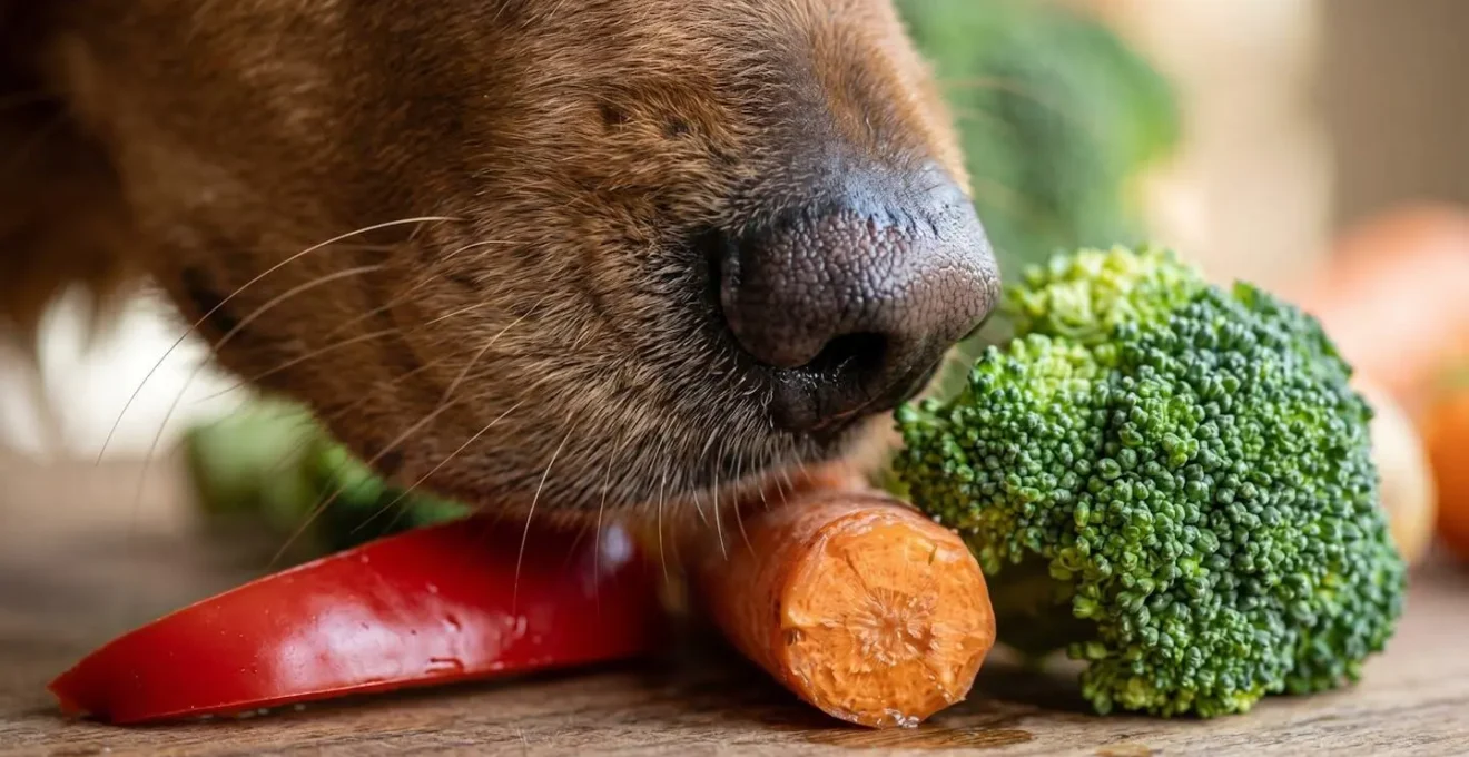 Close-up of a dog's nose examining different vegetable textures like carrot and broccoli on a wooden surface.