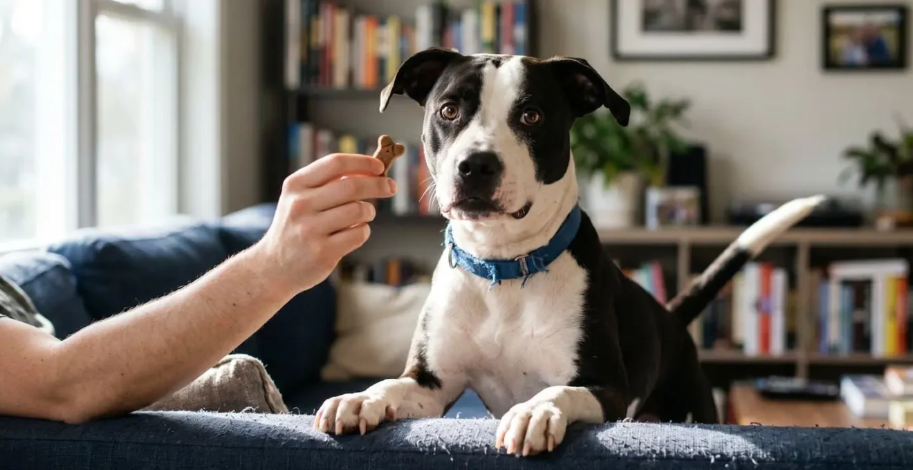 A rescue dog confidently exploring a living room showing signs of testing behaviors