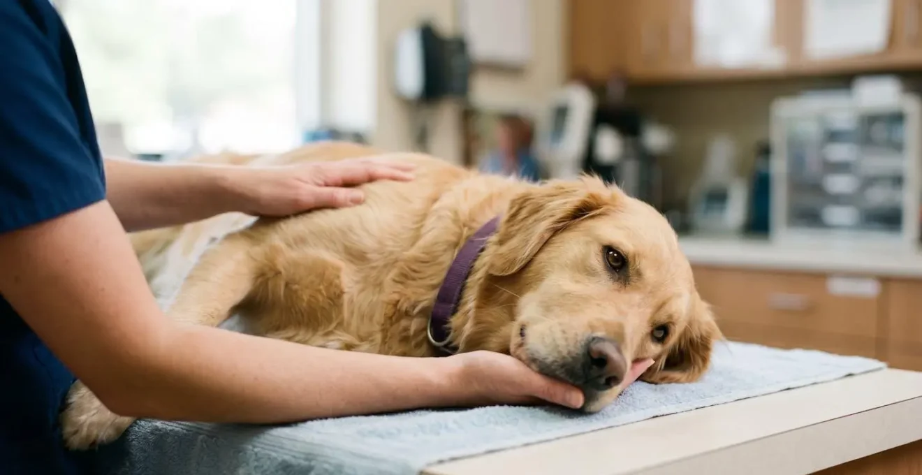 Urgent veterinary care scene showing professional attending to dog in medical setting