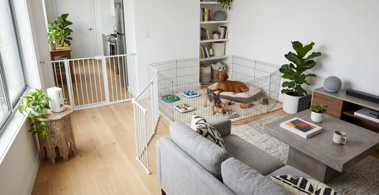 Wide shot of a thoughtfully arranged home environment with baby gates and enrichment stations for managing dog behavior