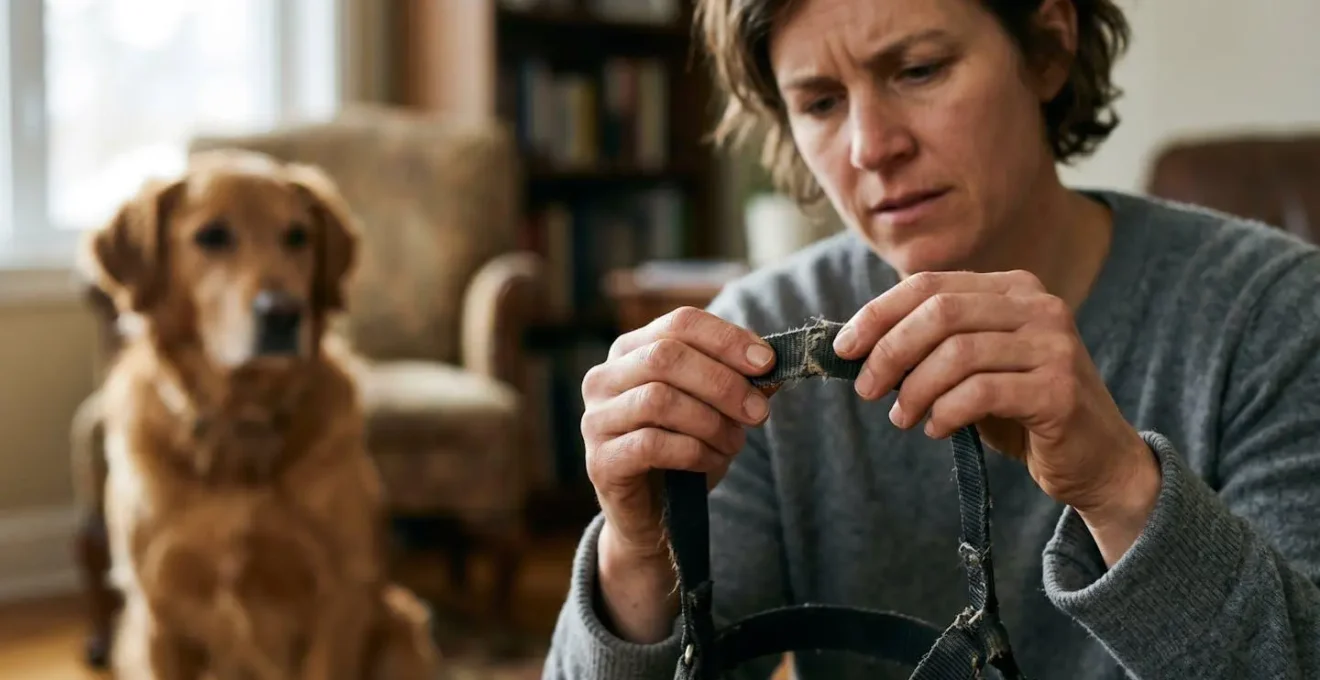 Dog owner carefully examining harness straps with concerned expression showing care and attention