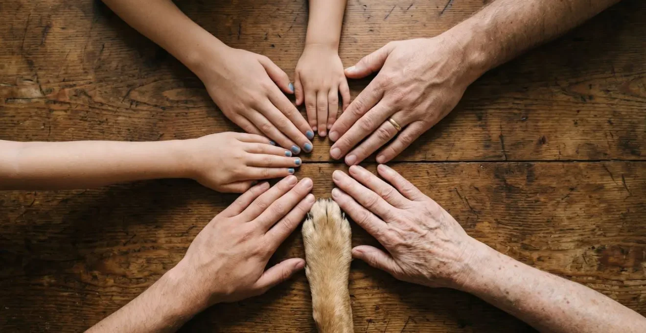 Hands of different family members pointing to a household dog agreement on a wooden table, with a dog's paw joining them to symbolize unity.