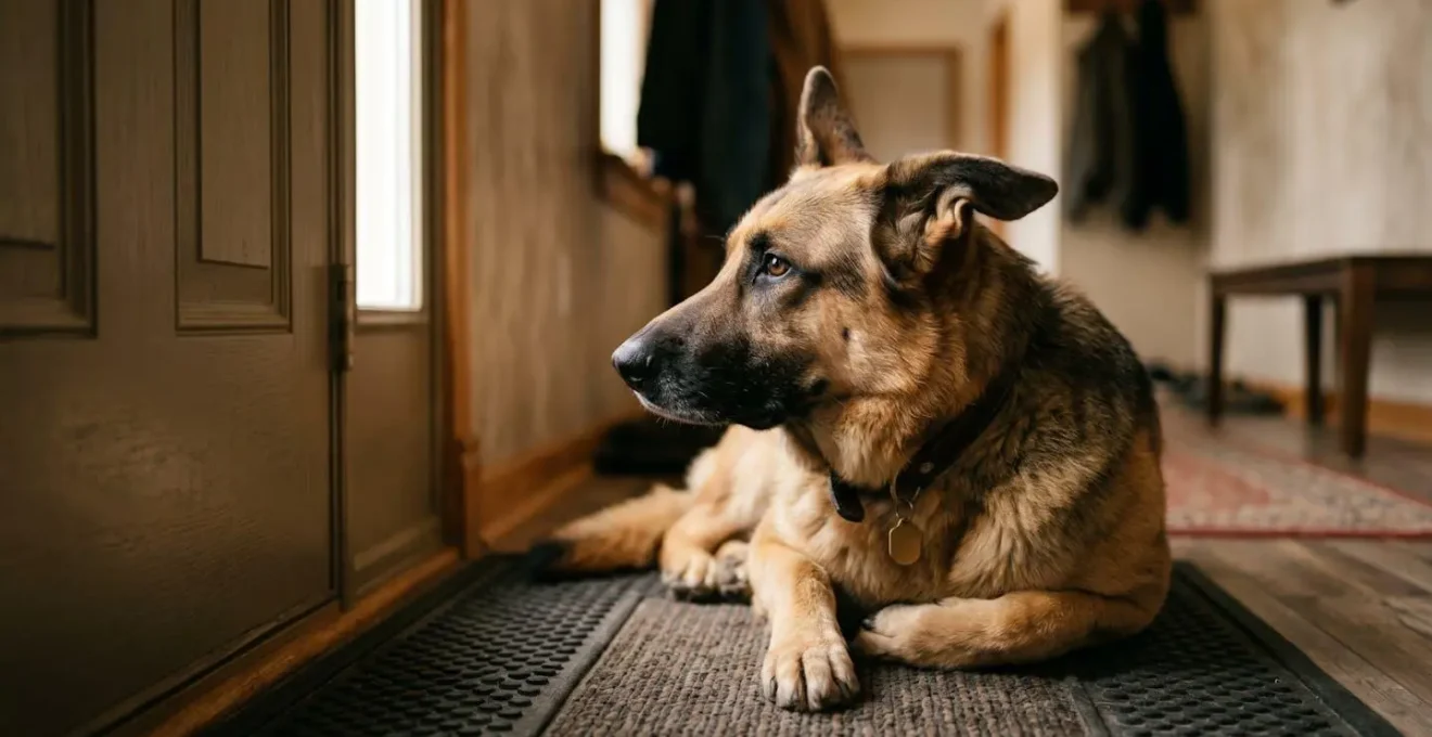 German Shepherd calmly lying on training mat near doorway, demonstrating settled behavior