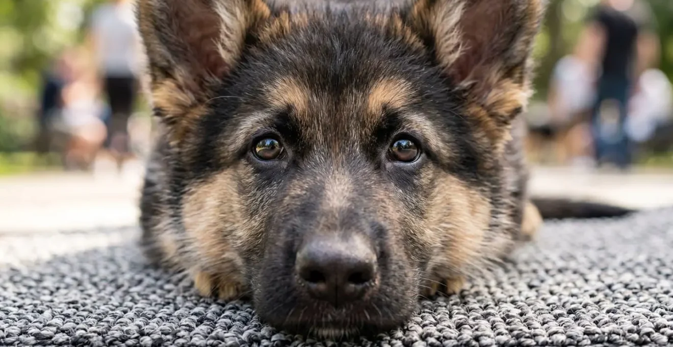 Young German Shepherd puppy calmly observing busy environment from training mat