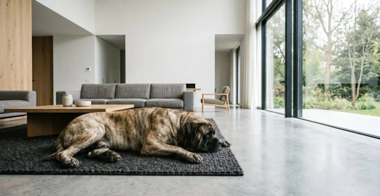 Large mastiff dog in comfortable resting position showing proper joint alignment