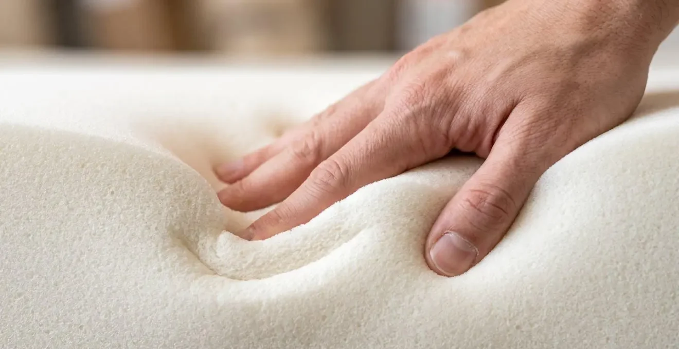 Close-up of hand pressing into memory foam to test density and support