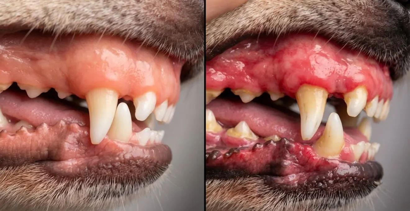 Close-up comparison of healthy pink dog gums versus inflamed red gums with gingivitis