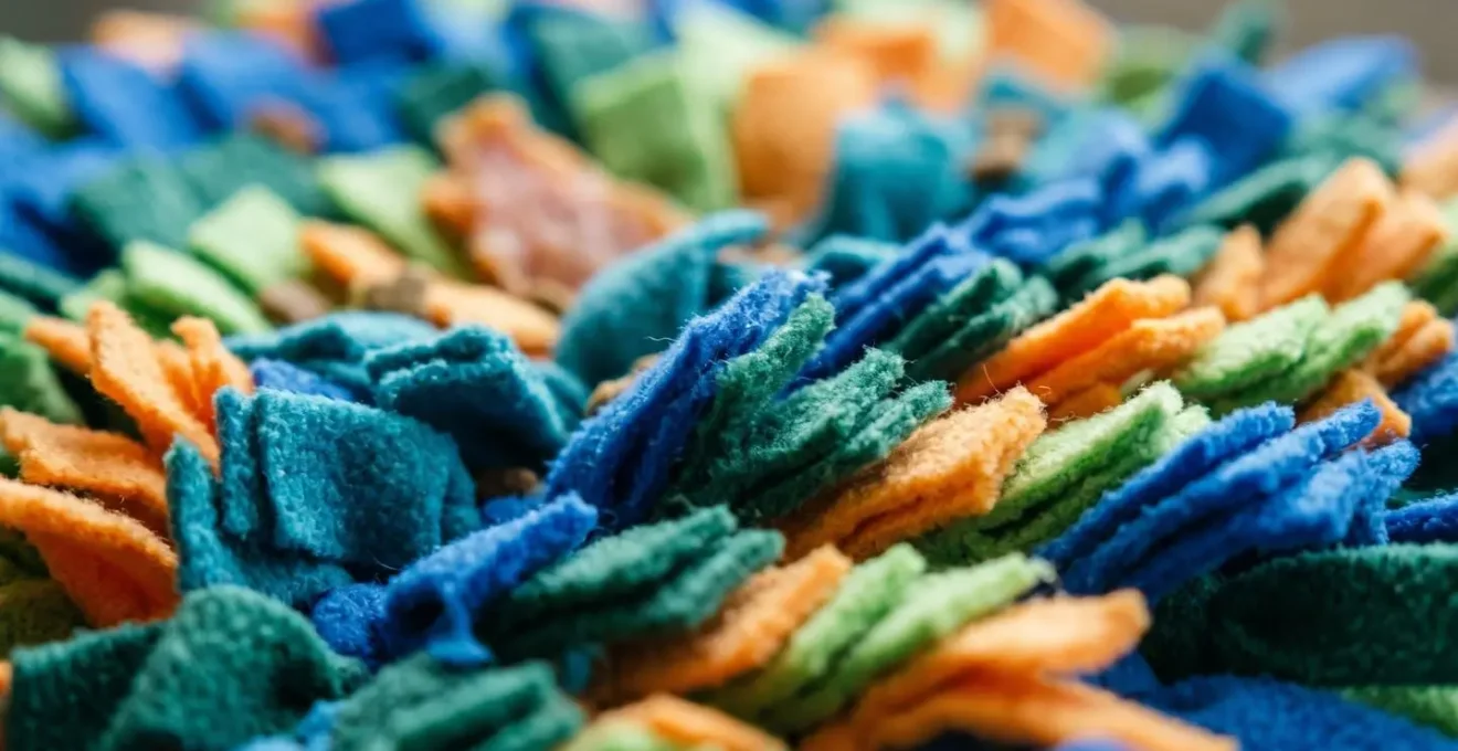 Extreme close-up of colorful fleece strips on a snuffle mat, showing its soft and fibrous texture ideal for hiding treats.