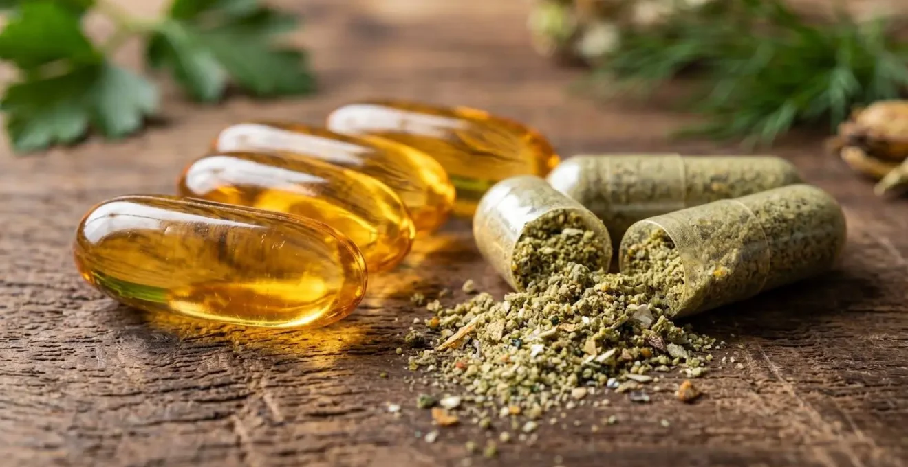 Extreme close-up of joint supplement pills with natural ingredients visible
