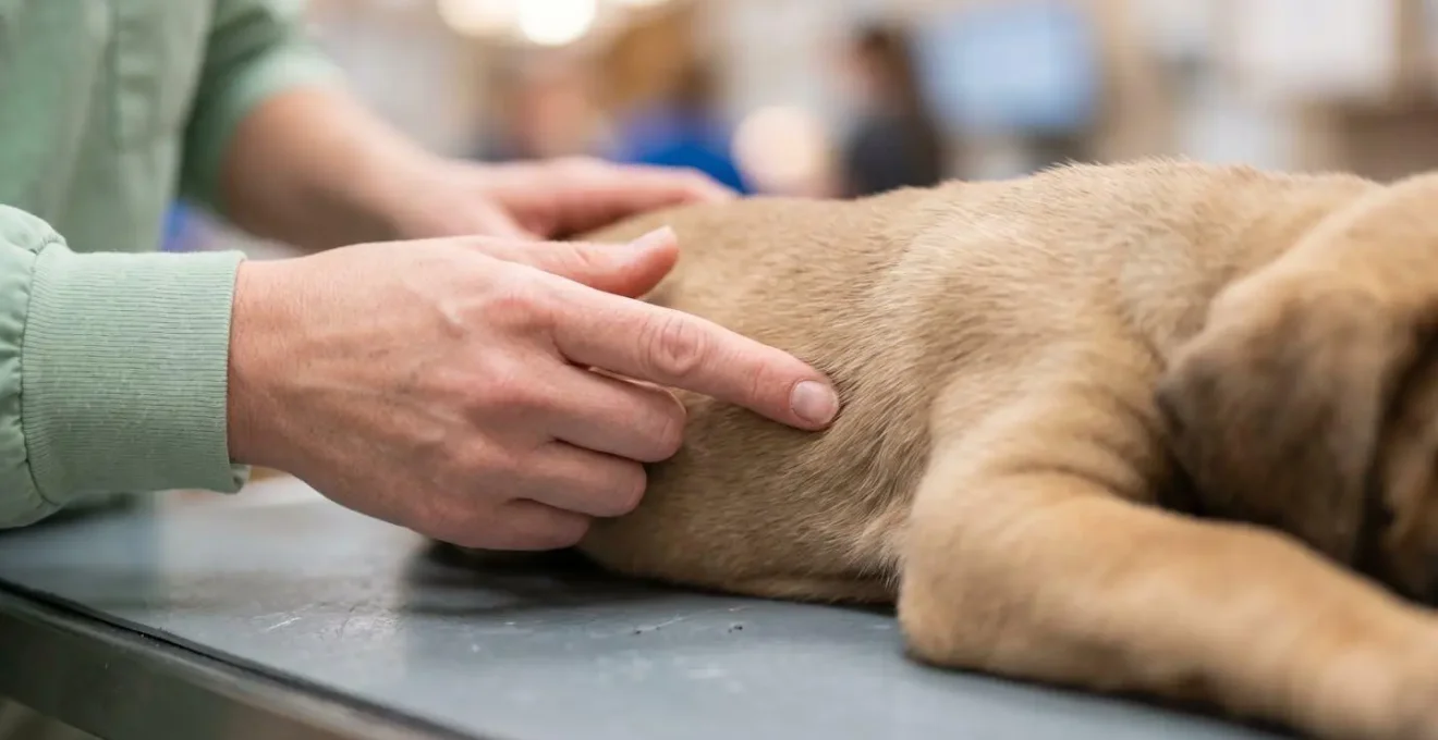 Veterinarian examining a young Mastiff puppy's body condition score by feeling its ribs