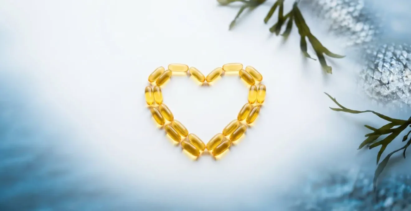 Natural arrangement of fish oil capsules and marine sources showing heart-healthy omega-3 supplements for dogs