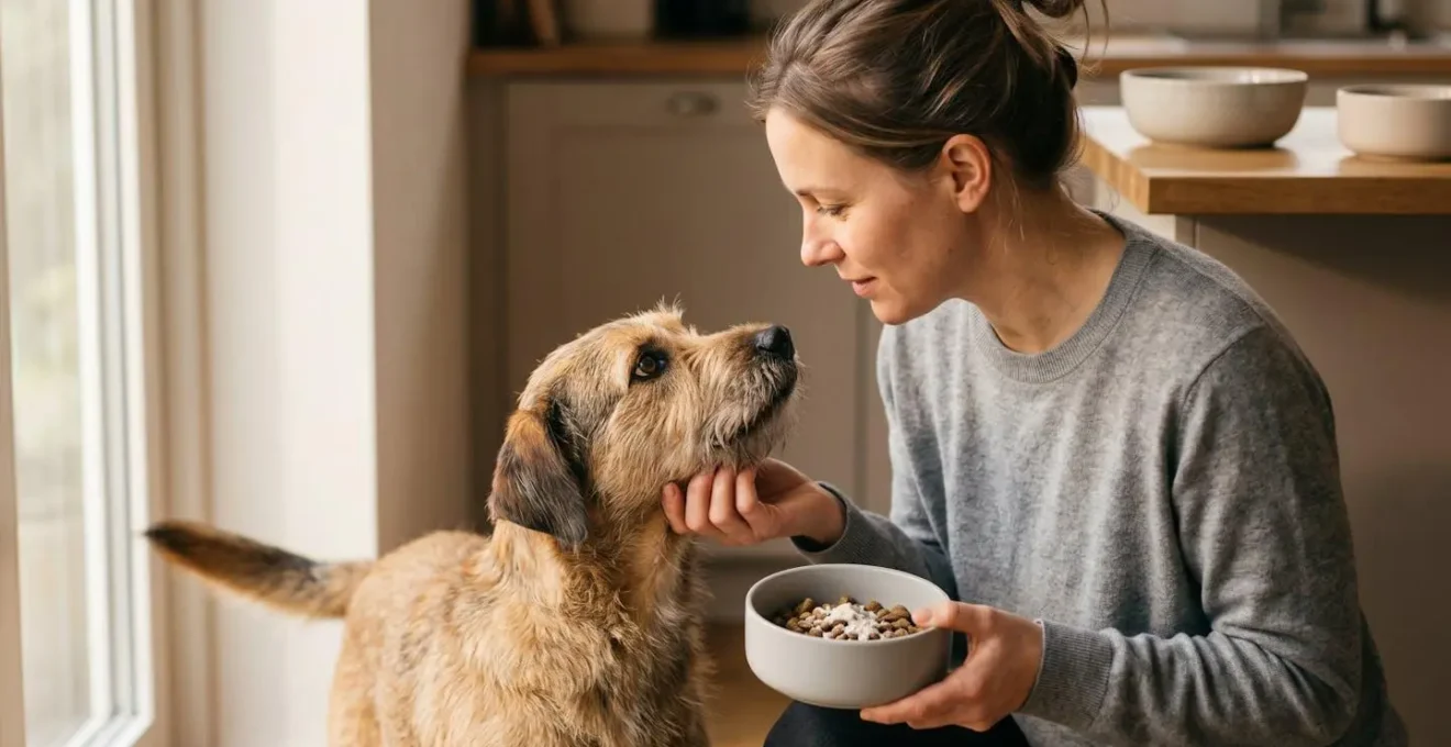 Dog owner giving probiotic supplement to happy dog during mealtime