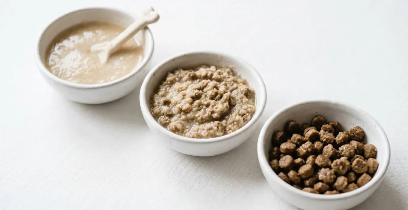 Macro shot of puppy food showing texture transition from wet to dry