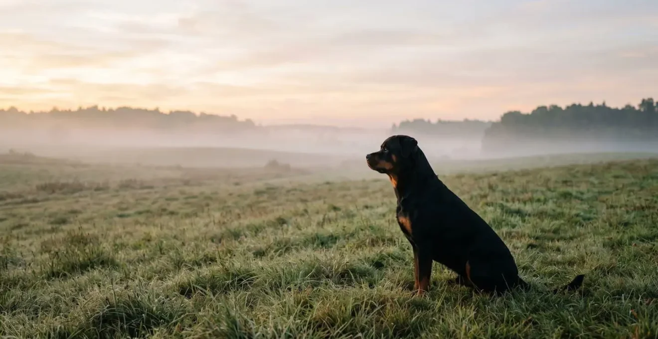 Rottweiler demonstrating controlled watch behavior in open field