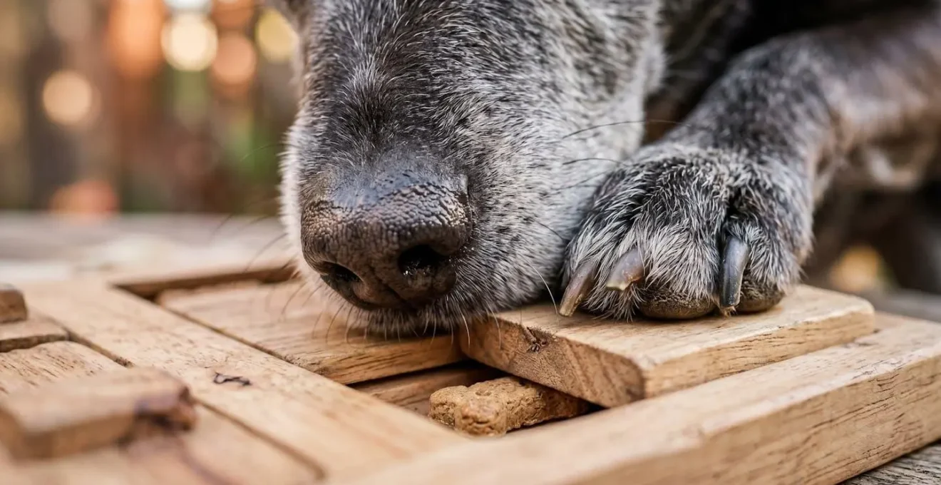 Extreme close-up of senior dog's nose and paw working with a wooden puzzle toy showing texture and concentration
