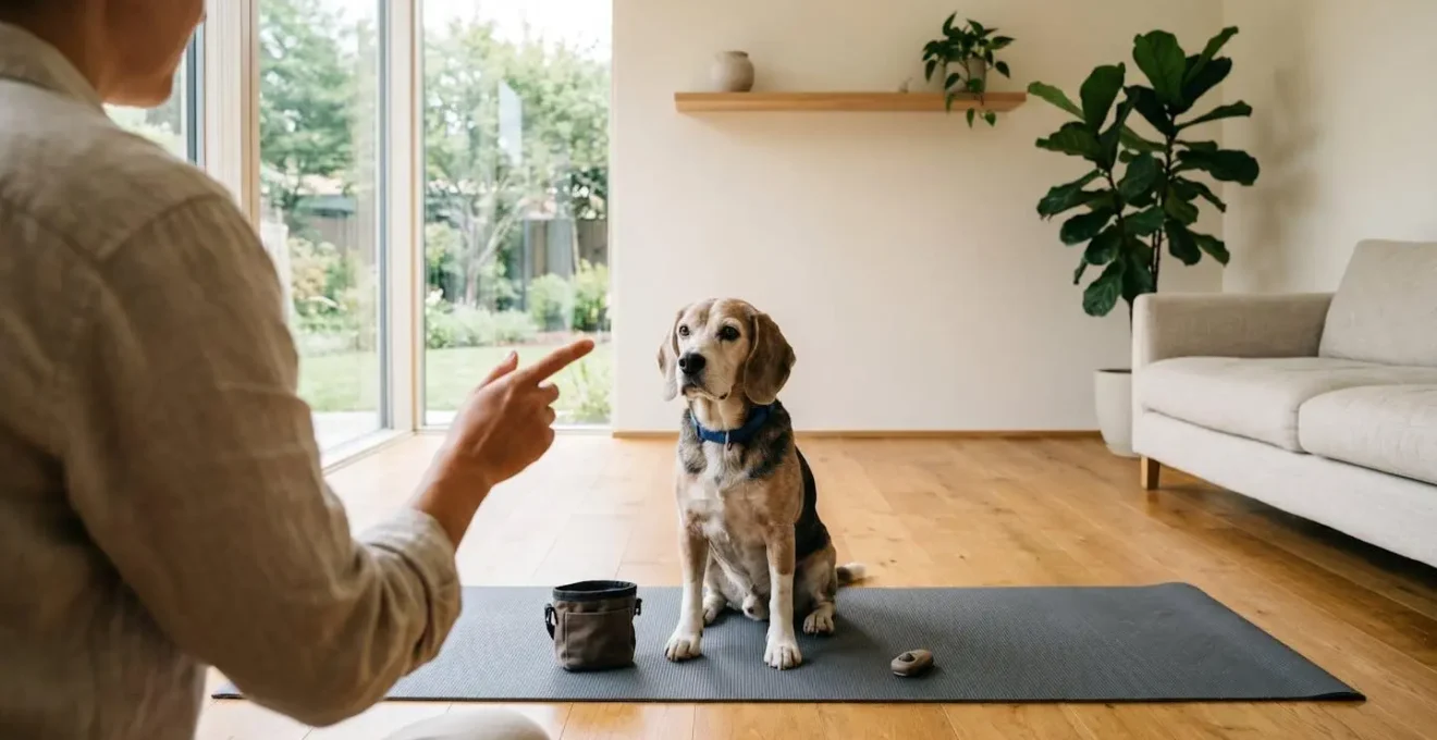 Senior beagle engaged in a shaping exercise with owner using hand signals and treats in a living room setting