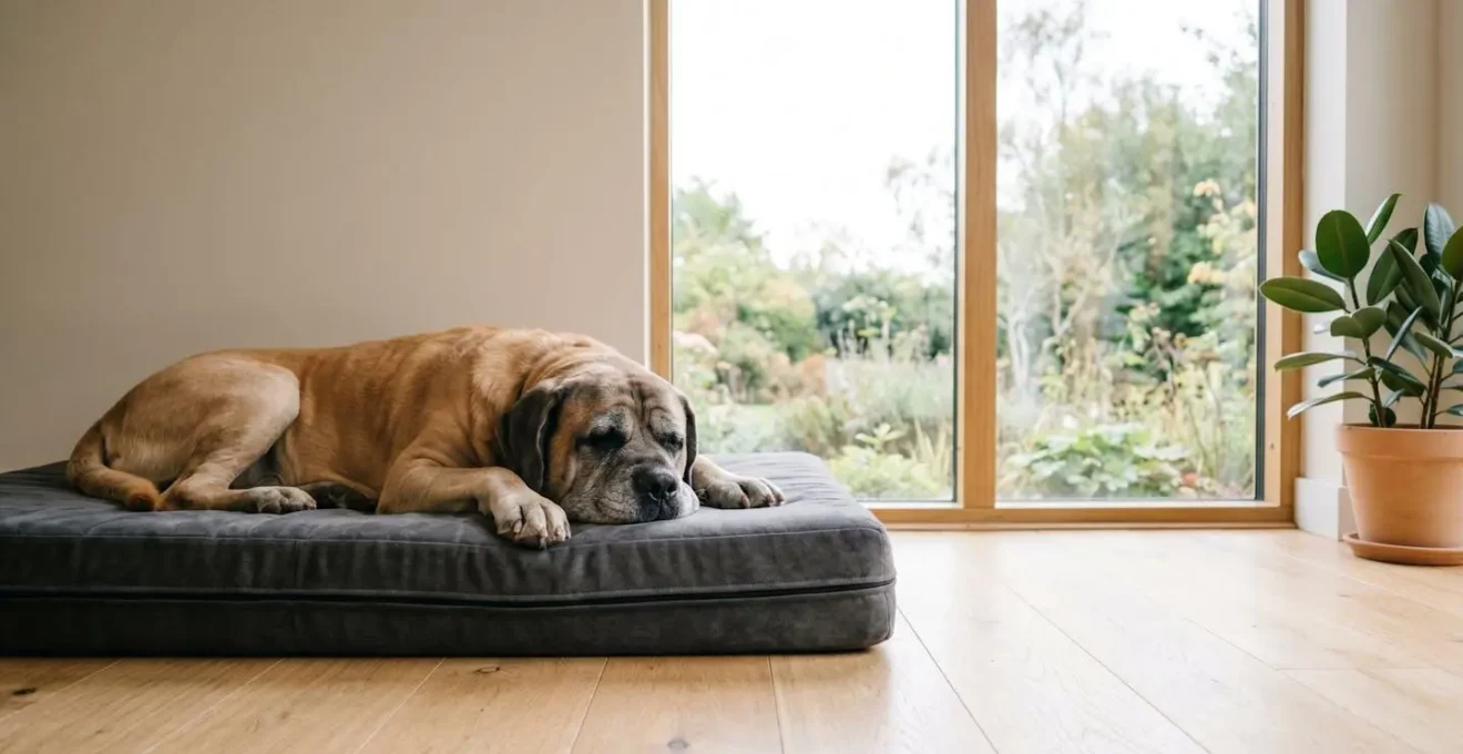 Senior Mastiff resting peacefully on an orthopedic bed in soft window light