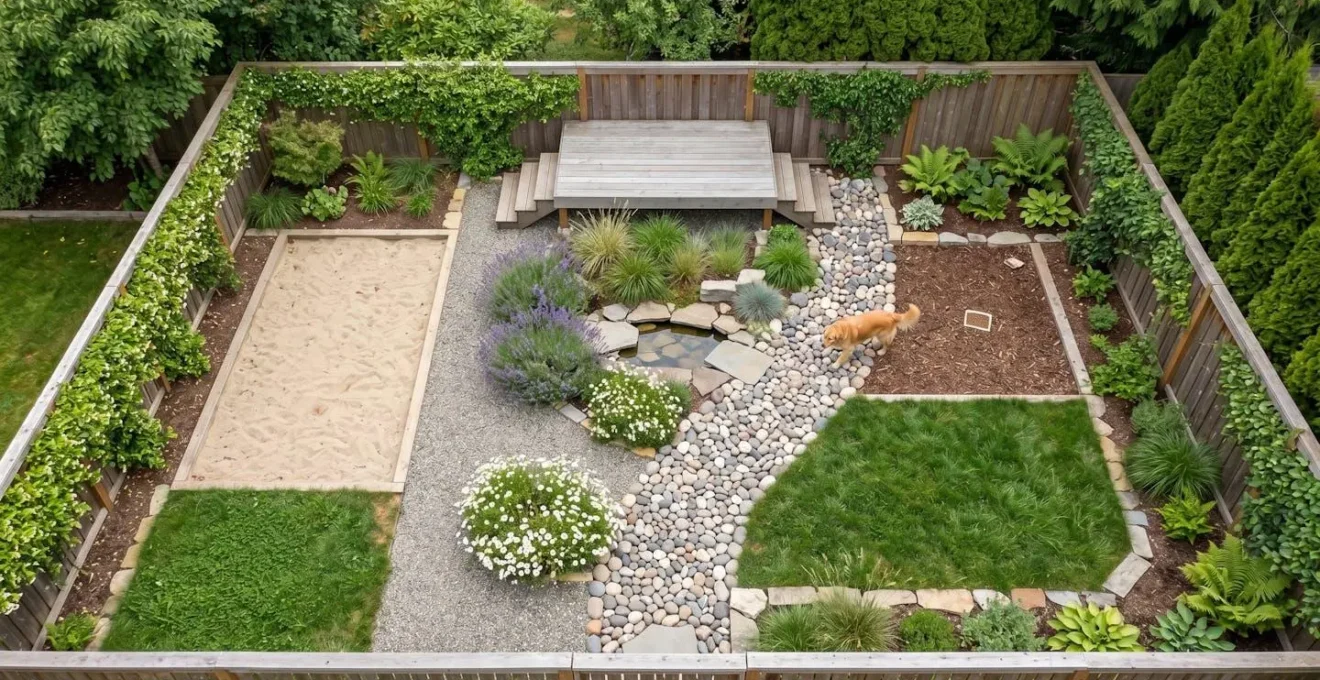 Overhead view of a small backyard transformed into a sensory garden with distinct zones for dog exploration