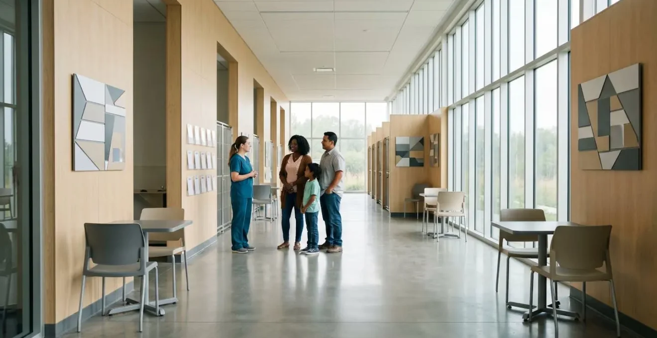 Wide environmental shot of a bright municipal shelter lobby with adoption counselor helping a family