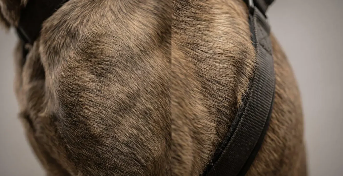 Close-up anatomical view of dog shoulder showing harness pressure points