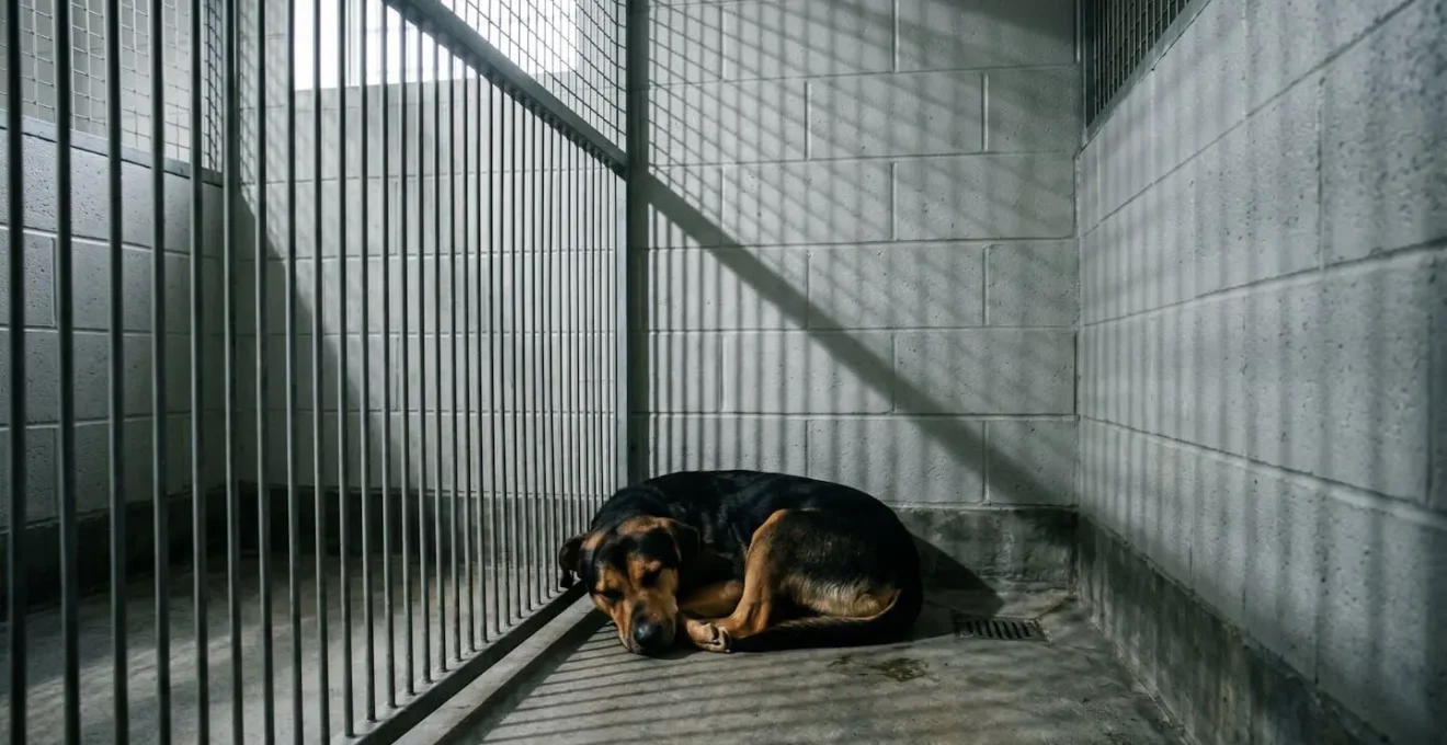 Wide shot of a withdrawn dog in shelter kennel showing defensive body posture