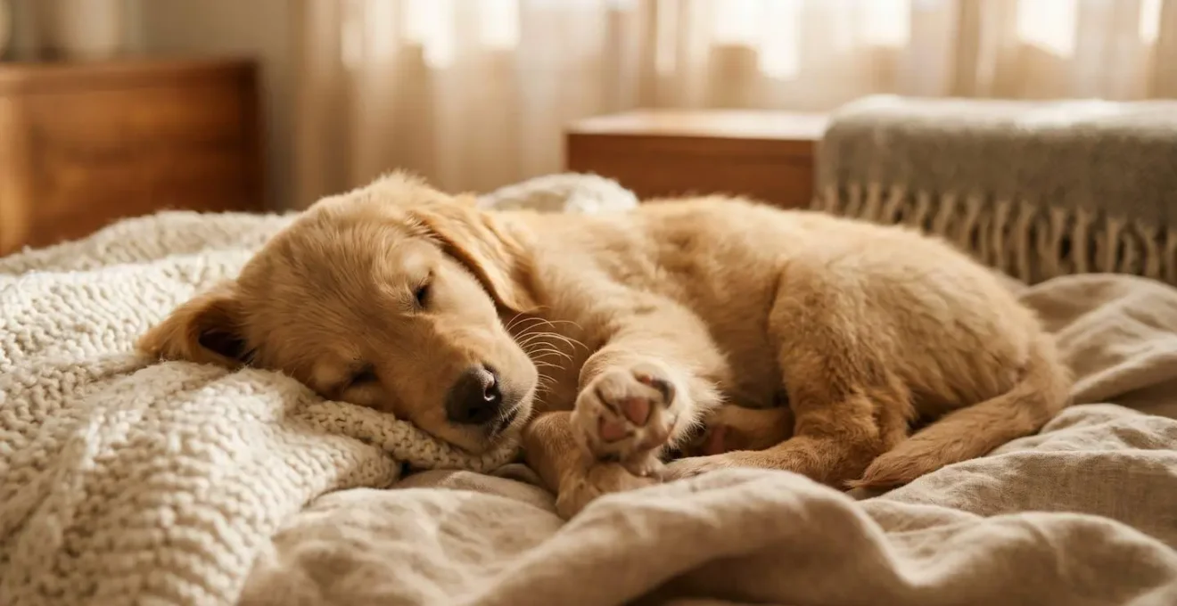 Puppy in deep REM sleep showing twitching paws and peaceful expression