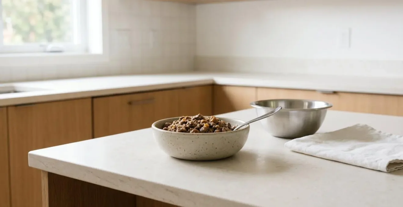 Wet dog food being prepared in a bowl with visible texture and consistency