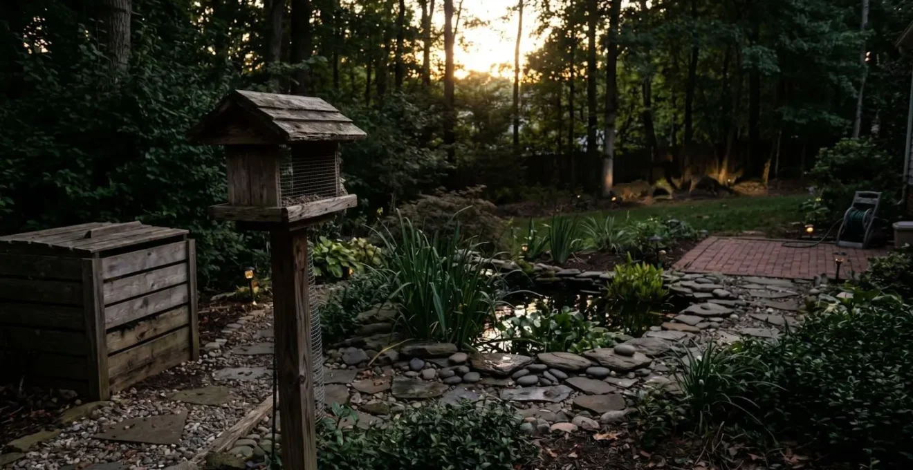 Suburban backyard showing wildlife habitat features that increase leptospirosis transmission risk