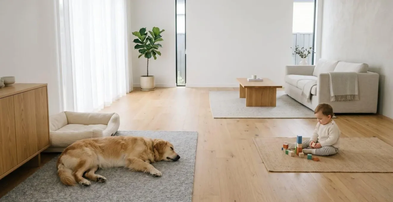 Golden Retriever lying calmly while a toddler plays nearby in a safe, supervised environment.