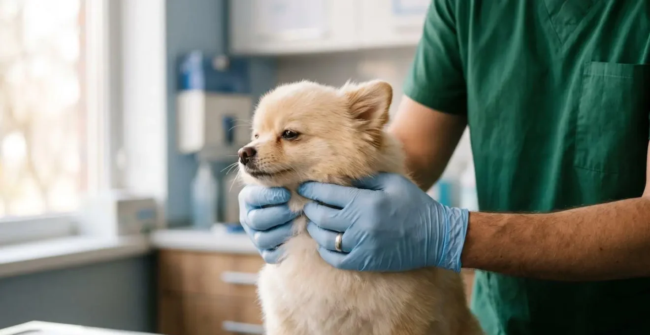 Veterinarian gently palpating the throat area of a small breed dog during examination