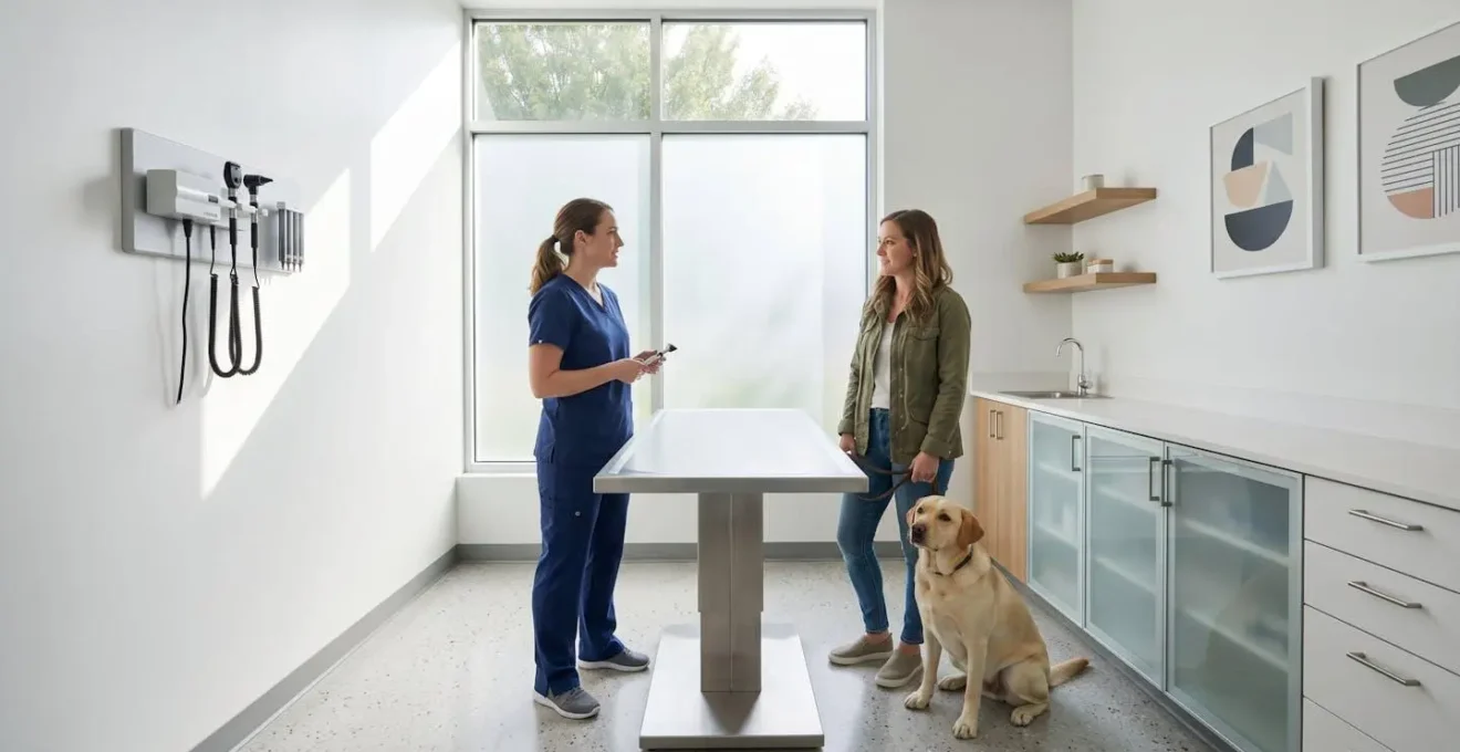 Wide shot of modern veterinary consultation room with natural light