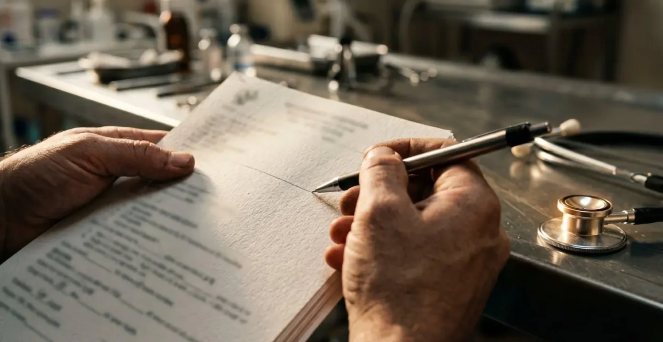 Extreme close-up macro shot of hands examining veterinary paperwork with medical equipment visible