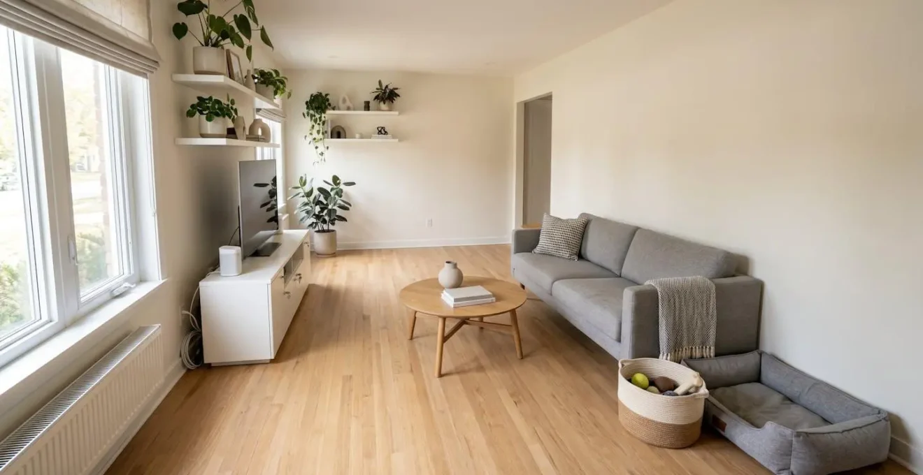 Dog-proofed living room ready for virtual home inspection