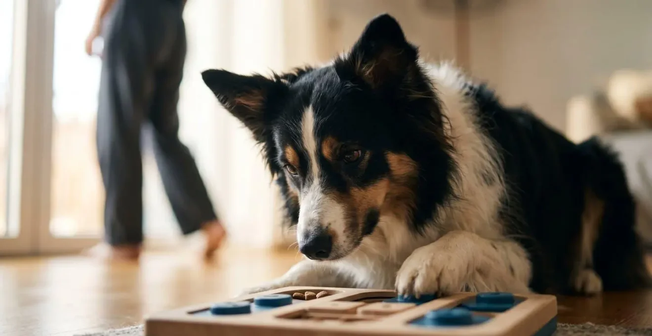 Morning scene showing dog engaged with enrichment activity while owner prepares for work