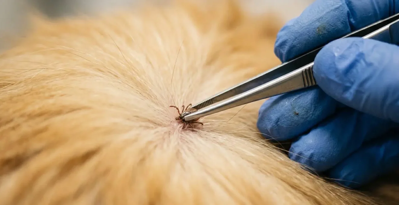 Close-up demonstration of proper tick removal technique using fine-tipped tweezers on dog skin