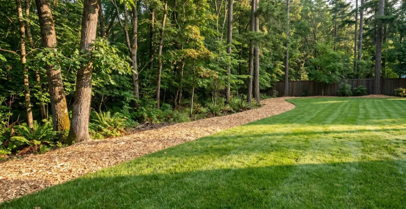 Wide view of a suburban yard showing a wood chip barrier between the lawn and a wooded area